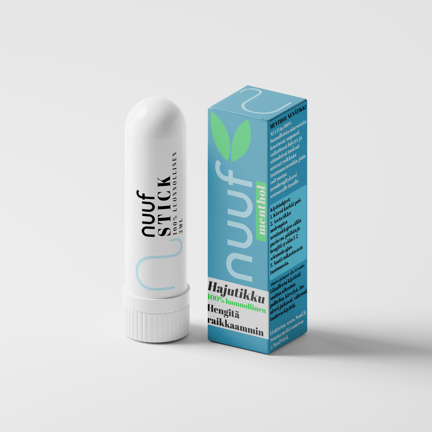 Nuuf Menthol, paketti, Nuuf käyttöohjeet, Hajutikku, Hengitä raikkaammin, Koukussa nenäsumutteeseen, Nenäsumute
